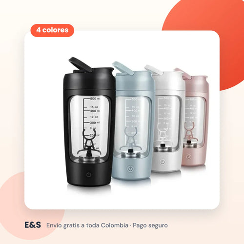 Botella mezcladora eléctrica E&S en negro, celeste, blanco y rosa